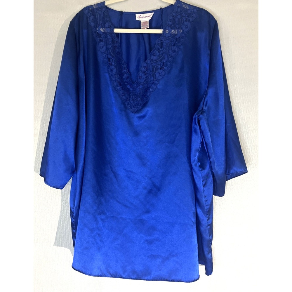 Amoureuse Women's 4x Royal Blue Satin 3/4 Sleeve V Neck Long Pajamas Size 4X - Picture 2 of 11